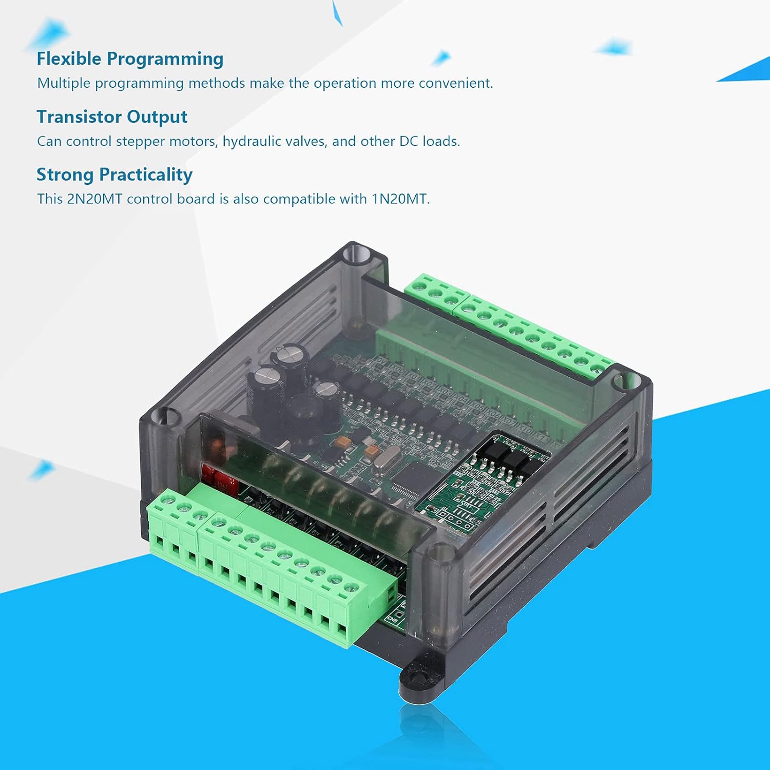 PLC Controller Module DC12V Programmable Logic Controller with 12 Inputs 8 Outputs Transistor Output 2N20MT PLC Control Board 8000 Steps Memory for Industrial Automation