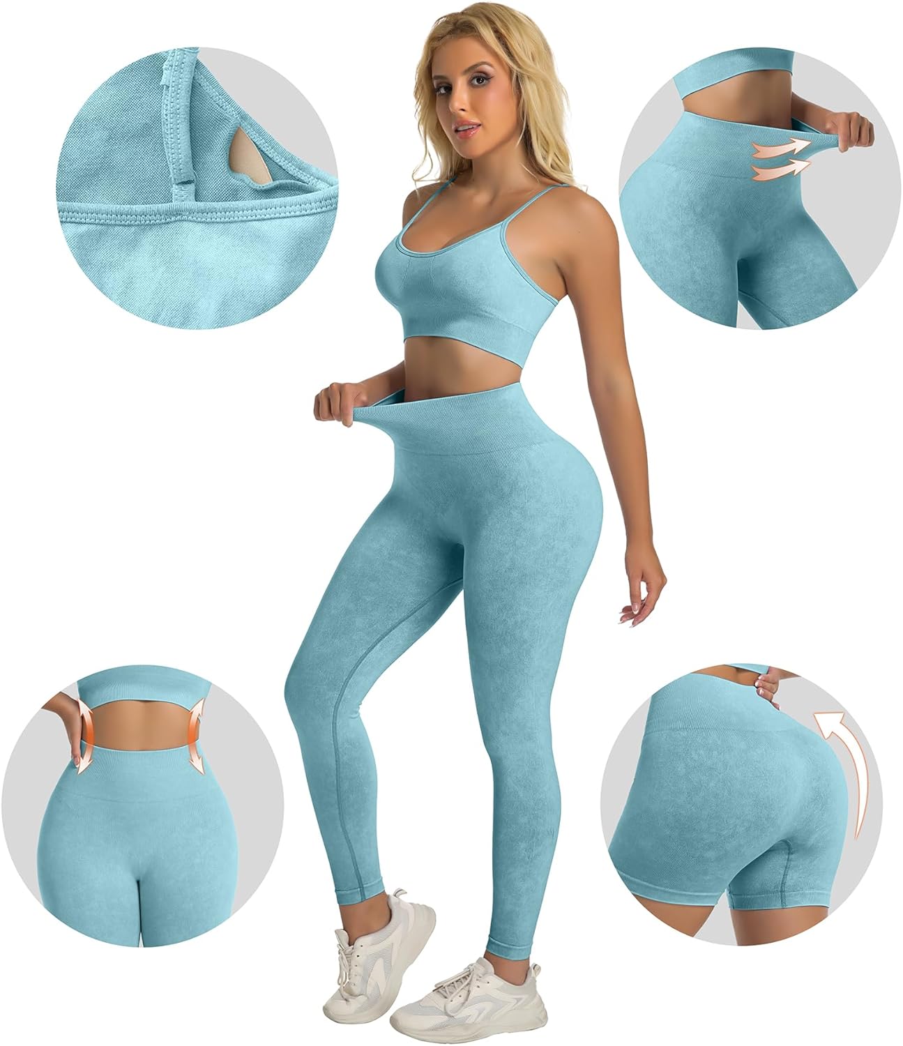 YOAKUKA Women's 4 Piece Workout Sets Seamless Acid Wash Tops Sports Bra High Waist Shorts Leggings Active Set - Image 4