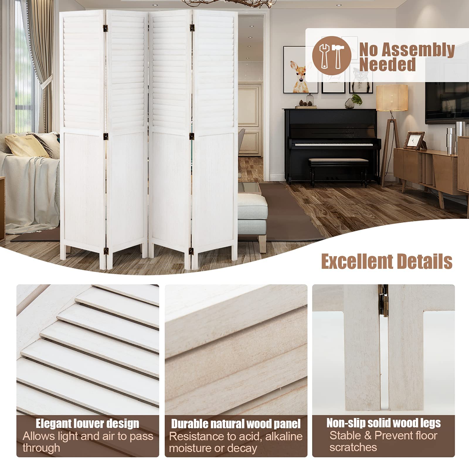 Vicluke 4 Panels Room Divider with 360 Degree Hinges, 5.6 FT Wood