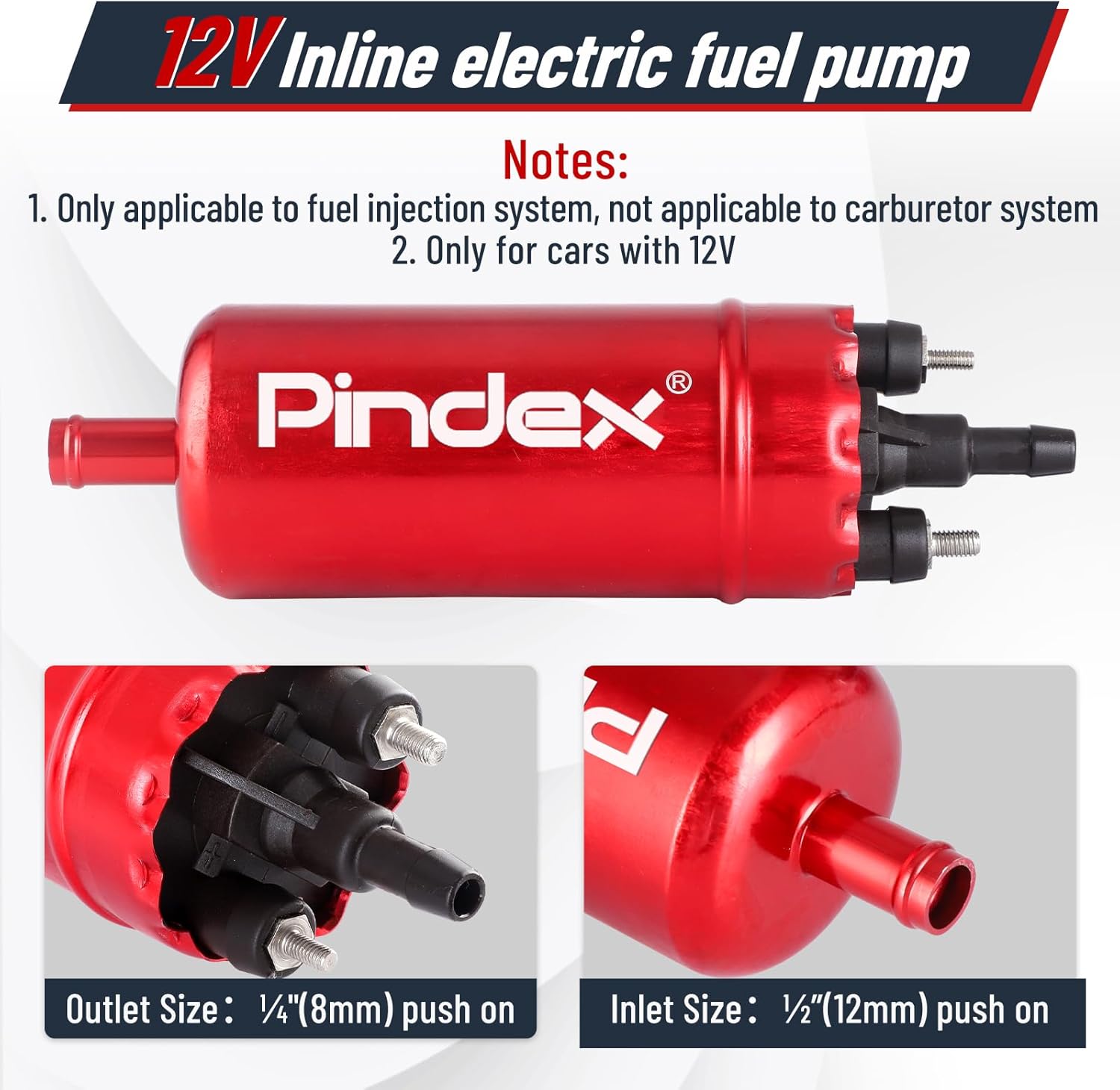 Pindex Universal External In Line Fuel Pump,116 PSI High Pressure 12V Electric Pump Injection Systems Compatible with 0580464070 0580453911 0580463017 0580464023,Red