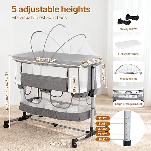 Miniatura 4 de Moisés de noche, cuna 3 en 1, cuna mecedora de 5 alturas ajustables, malla completa transpirable, mosquitera, cesta de almacenamiento, moisés