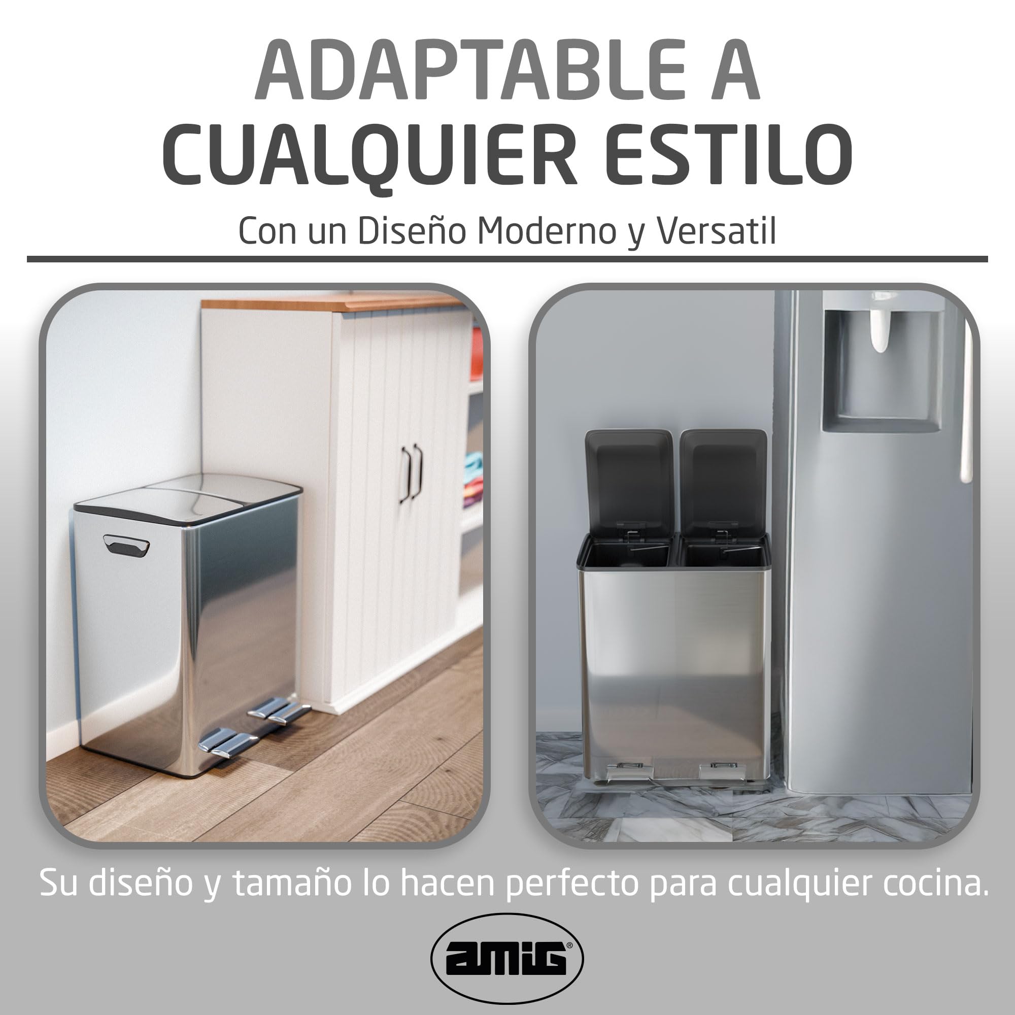 Amig - Cubo de Reciclaje Doble con Pedales Mod. RECIK EVO 40 L - 2 Compartimentos x 20 L - Acero inoxidable - 45 x 30 x 52 cm - Plateado