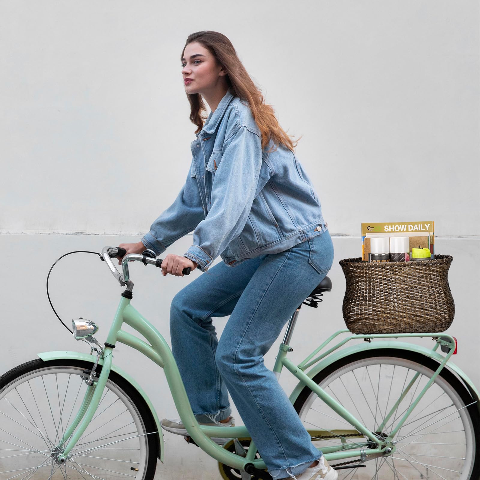 CXWXC Hinterradkorb - Handgefertigter Rattan-Fahrradkorb mit wasserdichter Abdeckung - Große Kapazität Fahrradkorb für Beach Cruiser