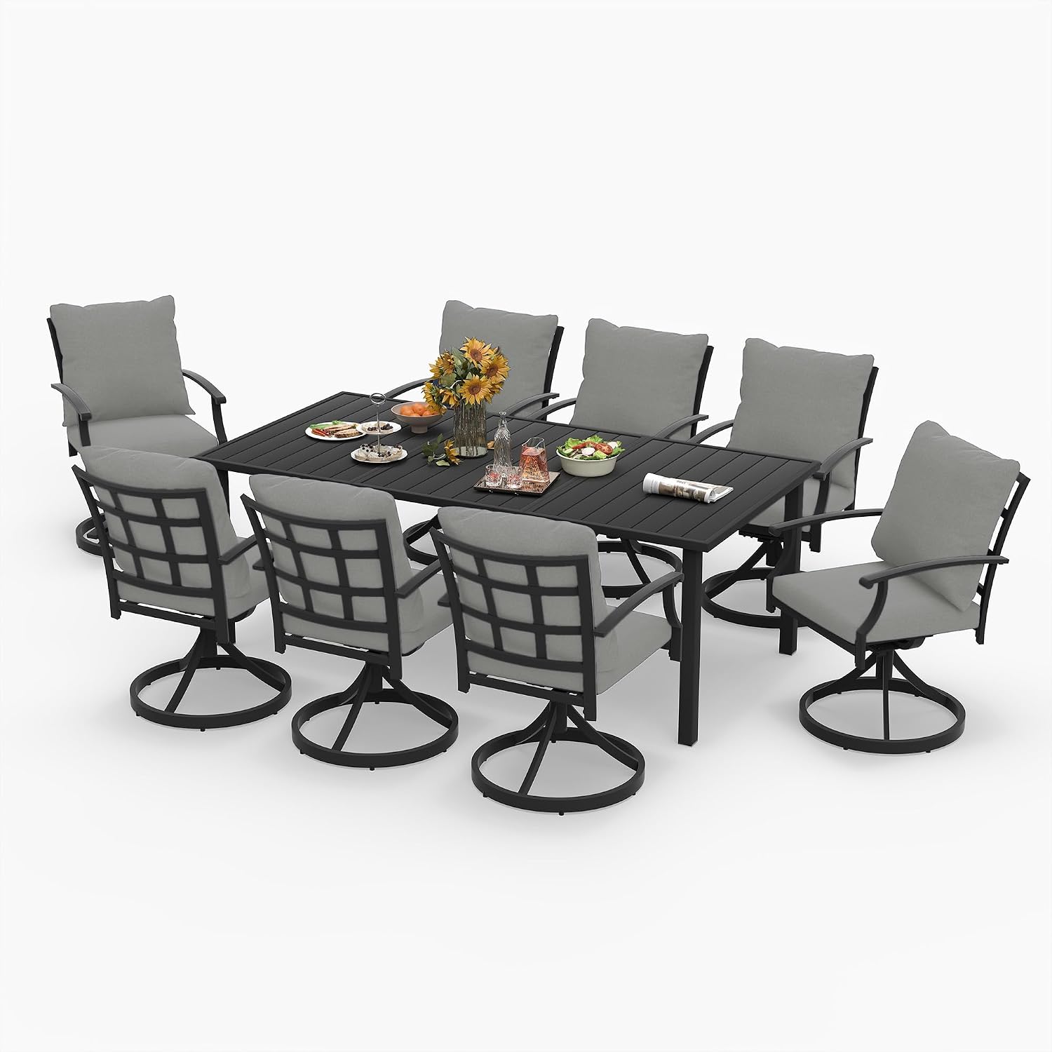 HAPPATIO 9-Piece Patio Dining Set, Outdoor Dining Set with Powder-Coated Metal,Dining Table with Umbrella Hole, 8 Swivel Chairs with Removable Cushions for Porch Poolside Garden,Grey