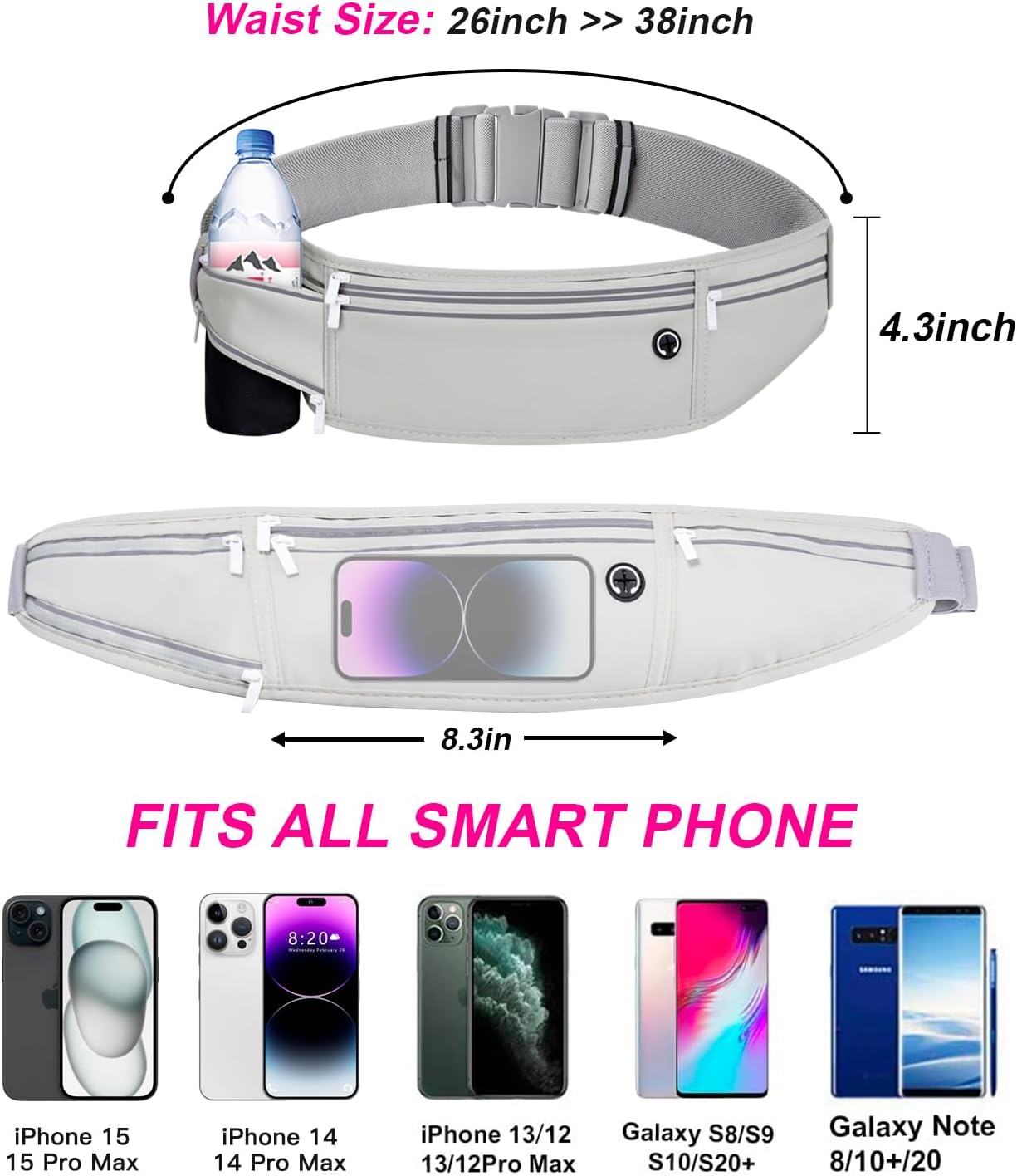 Slim Running Belt for Women Men,Runners Fanny Pack Phone Holder,Money Belt,Running Gear Accessories,with 3 Pockets (Gray) - Image 4