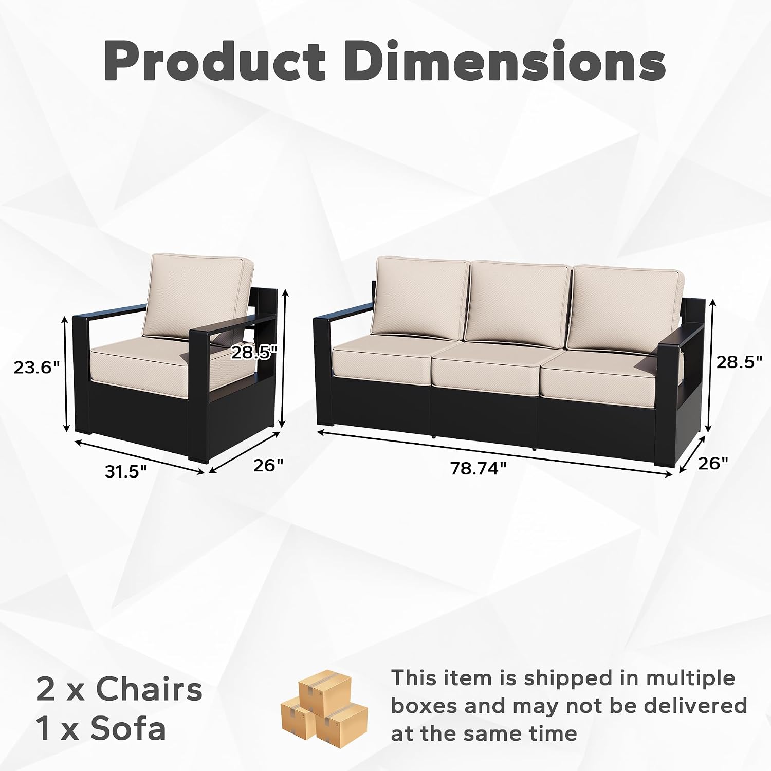 Outdoor Aluminum Furniture Set, 3-Piece Patio Conversation Set, 2 Chairs and 1 Sofa, All-Weather Metal Frame, 6" Thick Removable Cushions, Deep Setting for Garden, Poolside and Porch
