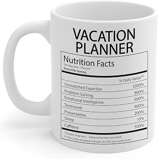 DesiDD Vacation Planner Nutrition Facts Mug - Funny Gifts for Trip Planner Employee Travel Advisor Manager - Birthday, Christmas Party - Nutritional Label - 11oz Ceramic Coffee Cup