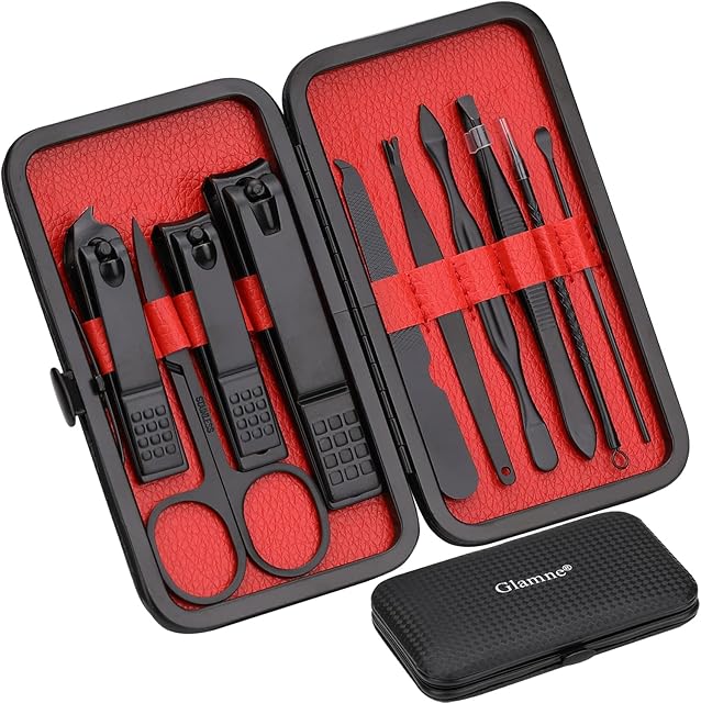 Glamne Manicure Set Nail Clippers Kit Professional Stainless Steel Nail Care Tools with Leather Travel Case 10 in 1 Black