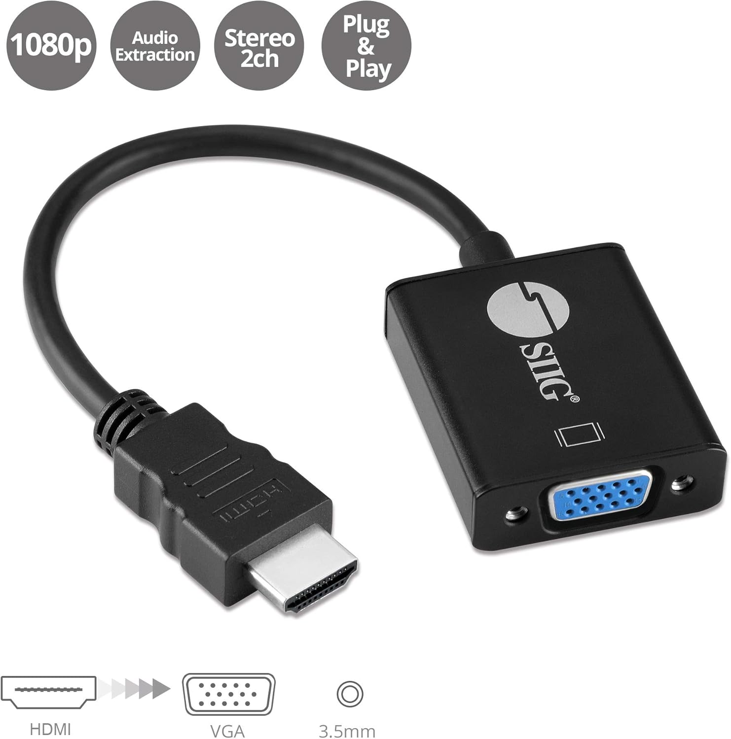 SIIG HDMI to VGA Converter Adapter with Audio Extraction, One-Way HDMI to VGA, 1080p@60Hz, 3.5mm Stereo Audio Output, Not Support HDCP Video (CE-H22311-S1), Black