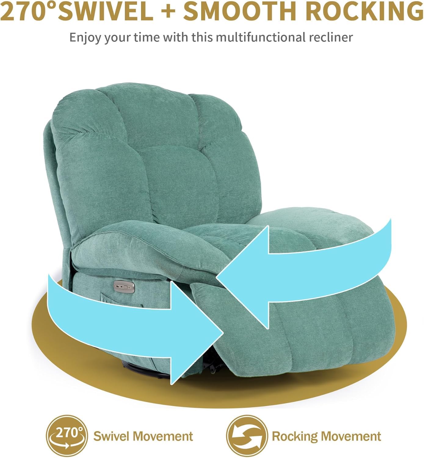 Sillón Relax Reclinable Eléctrico con Calefacción, Puertos de Carga USB-A y USB-C para Dormitorio, Salón, Estudio (Verde)
