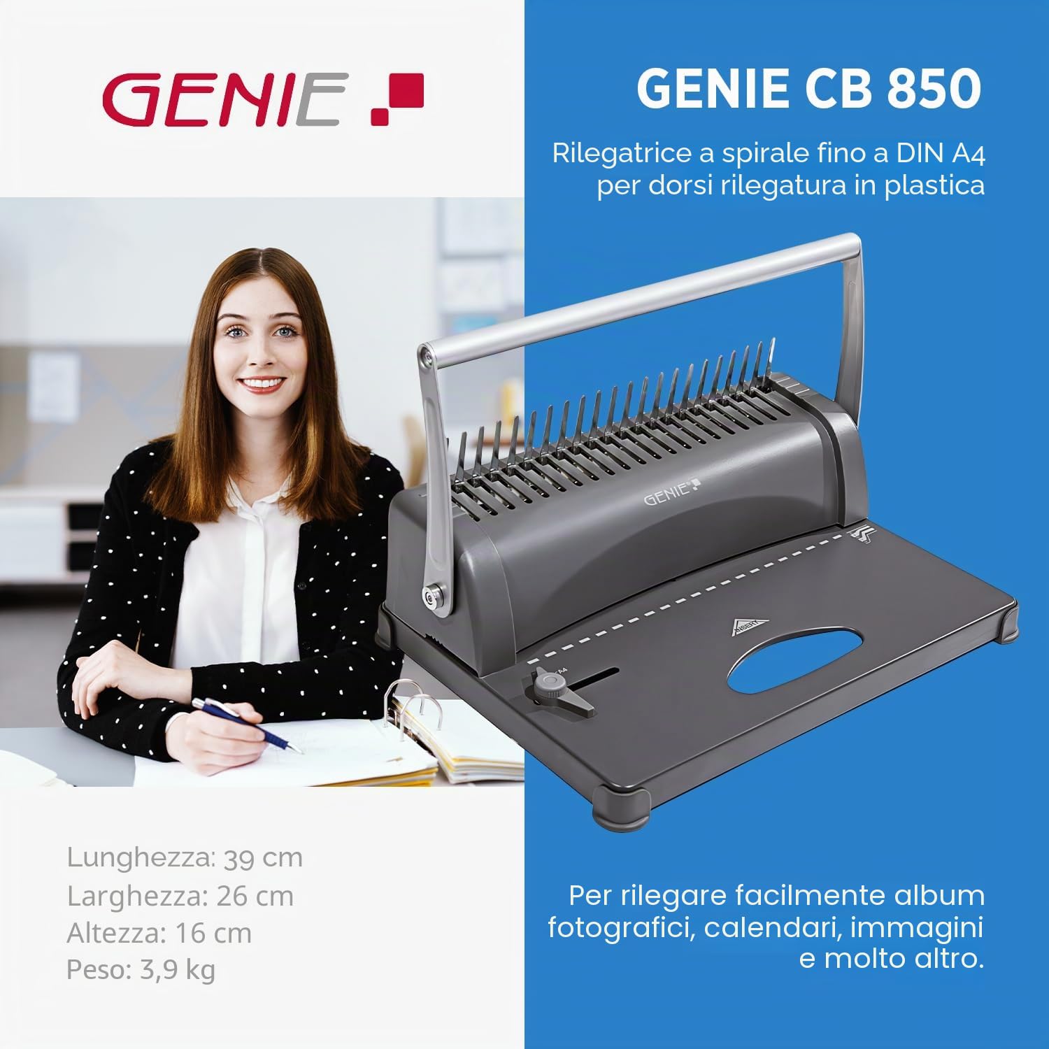 Genie CB 850 spiralbindeg Batterie (fino a 350 fogli, DIN A4, da 75 pezzi incluso Starter set) argento/nero