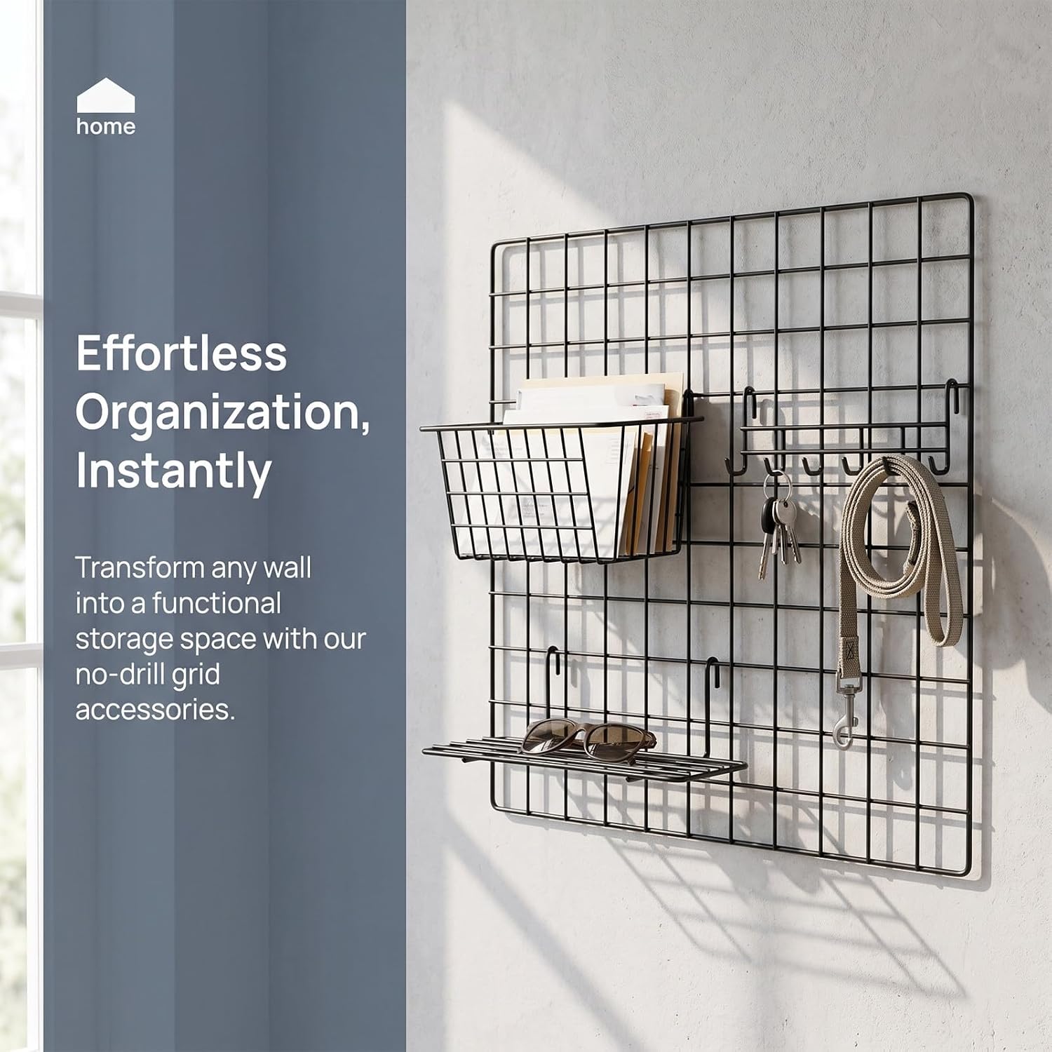 YARNOW 6pcs Grid Wall Hanging Basket, Wire Wall Mount Storage Basket | Metal Black Sundries Fruit Storage Bin with Hooks, RV Hanging Organizer for Laundry Room Pantry