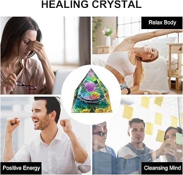 Mokeum Orgone Pyramid for Positive Energy, Amethyst Crystal Sphere Pyramid, Protection Crystals Energy Generator for Stress Reduce Healing Meditation Attract Wealth Luck (Crystal Pyramid-Green)