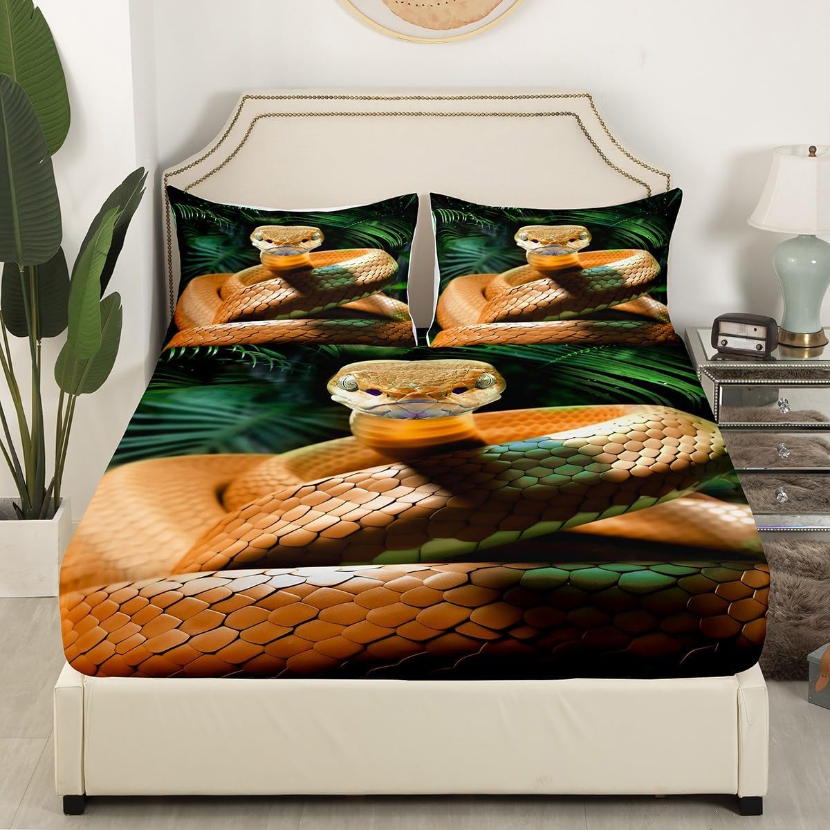 Snake Bed Sheets Twin, Yellow Snake 3D Reptile Sheet Sets For Kids Boys Teens Man, Yellow Scales Cold-Blooded Animals Fitted Sheet Tropical Palm Leaf Wildlife Top Sheet With Deep Pocket Bedroom Decor