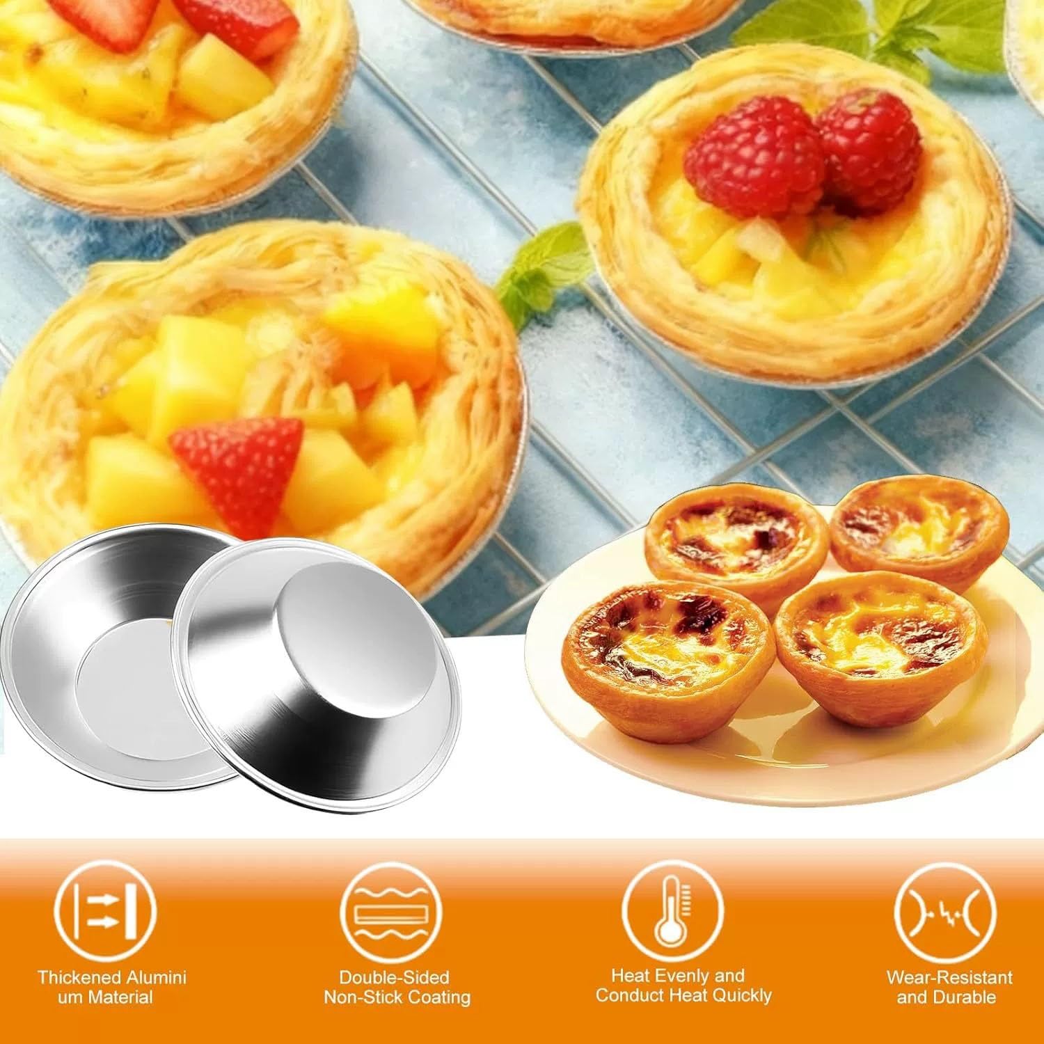 Lot de 60 moules à tarte réutilisables en aluminium anti-adhésif avec brosse à badigeonner en silicone pour tartes aux œufs, puddings et mini desserts