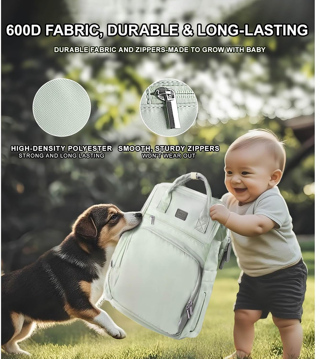 Diaper Bag Backpack with Wet/Dry Pocket, Changing Pad, 24L Green image 5