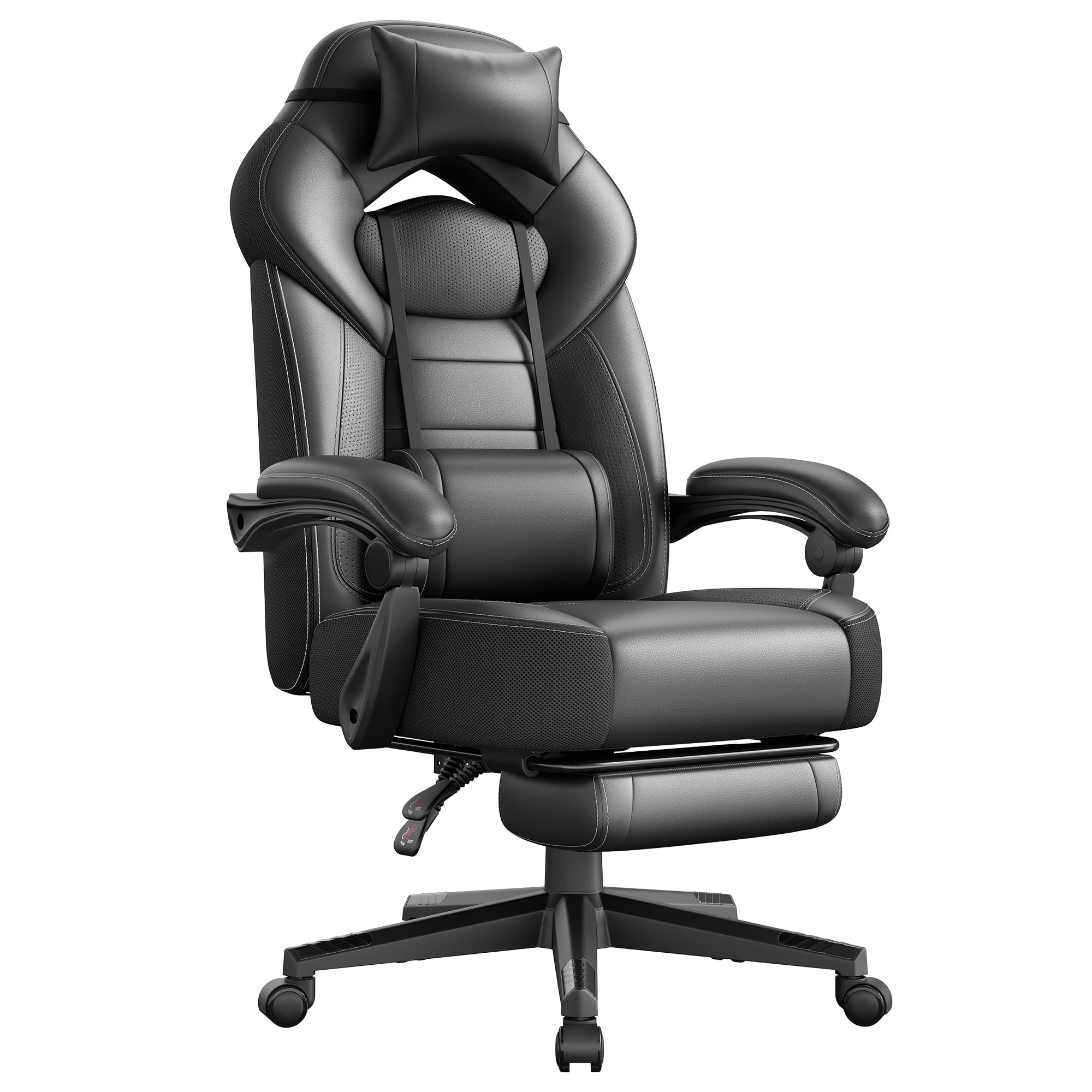 SONGMICS Chaise de Jeu, Chaise d'Ordinateur, Ergonomique, avec Repose-Pieds, Coussin de Tête Ajustable, Support Lombaire, Capacité de Charge de 150 kg, Noir OBG077B01