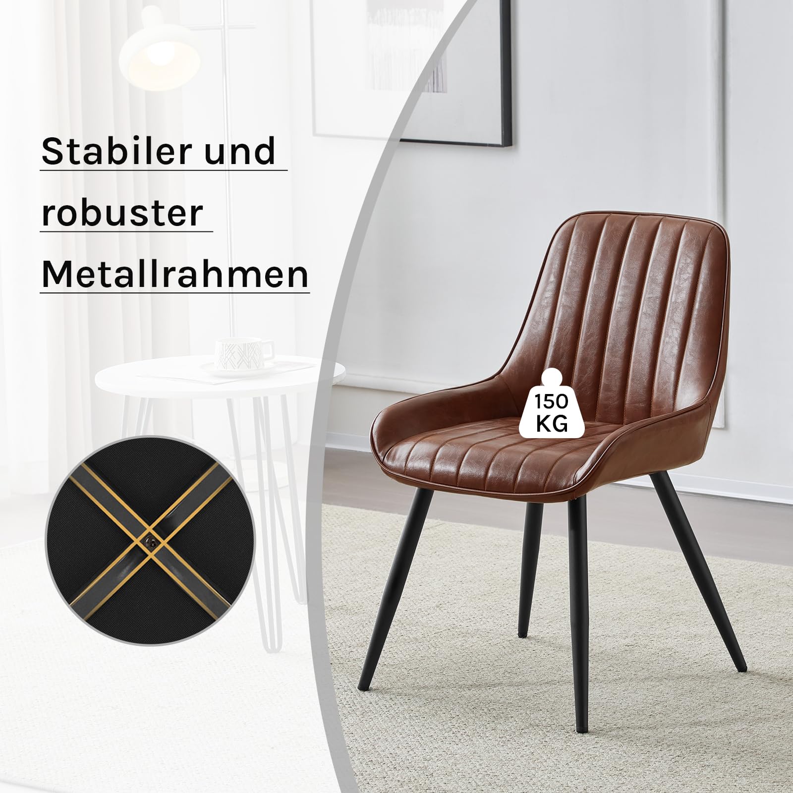 Lestarain Esszimmerstühle 2er Set, für Esszimmer Wohnzimmer Küche, Retro Küchenstühle gepolstert, Sitzfläche aus Kunstleder, mit Metallbeine, bis 150 kg belastbar, Braun