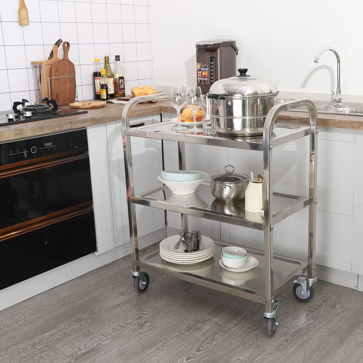 Heavy Duty Stainless Steel Utility cart，Industrial Serving cart with Wheels, 3 Shelf 360°Rotation Storage Trolley with Locking Wheels 500 lbs Capacity，1MM Thick 33.5 * 17.4 * 35.4' L*W*H.