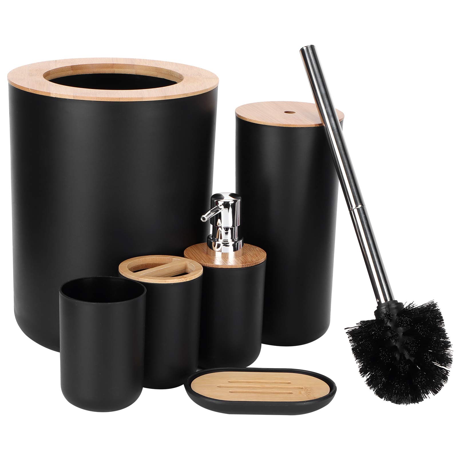 Juego de 6 accesorios de baño con soporte para cepillo de dientes, dispensador de jabón, cubo de basura y cepillo, elegante y funcional esencial para la organización del baño