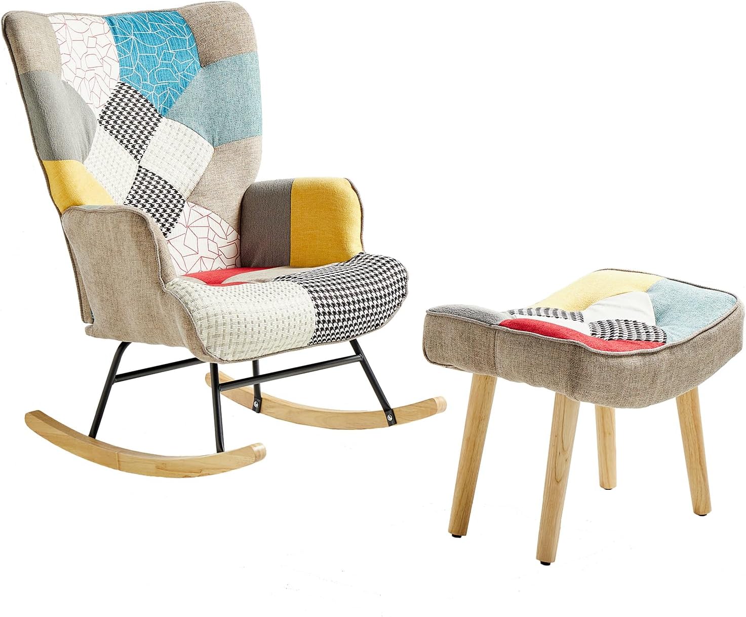 Nursery Rocking Chair, Baby Toddler Glider Rocker with Ottoman, Comfy Accent Chair, for Bedroom Living Room Small Spaces, Patchwork Linen, Colorful