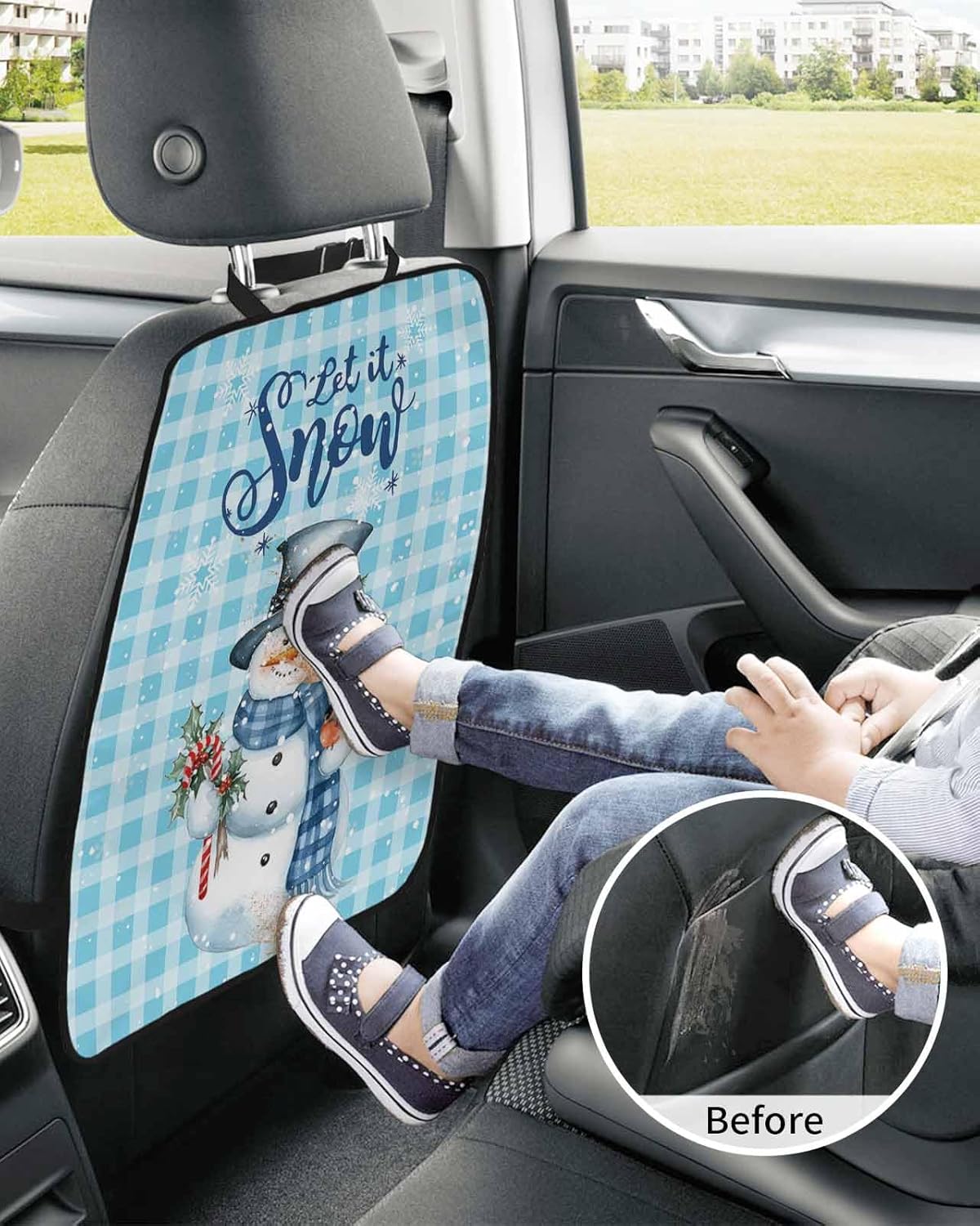 Car Seat Protector, 2 Pack Kick Mats Back Seat Protector Christmas Watercolor Snowman and Snowflakes Blue Plaid Waterproof Backseat Cover for Kids Universal Fit Automotive Interior Protectors