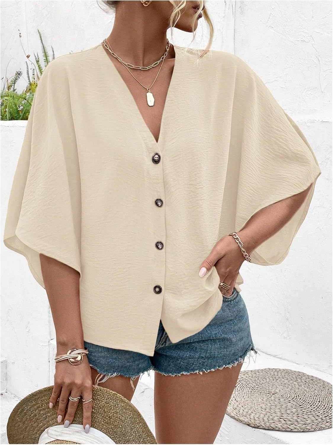 Floerns Women's Plus Size Casual Button Down Shirts V Neck Dolman Sleeve Loose Blouses - Image 2