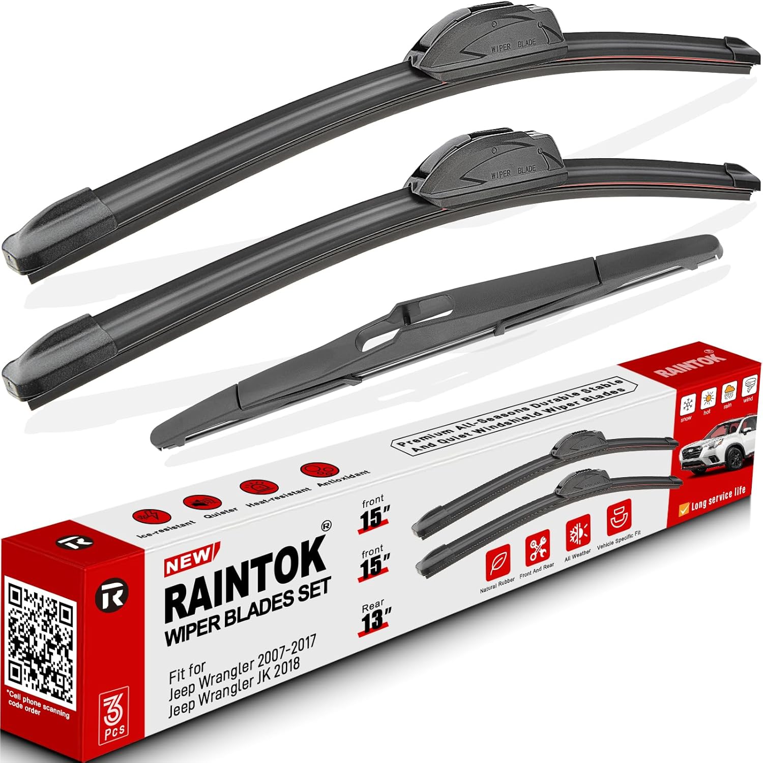 Windshield Wiper Blades Replacement for 2007-2017 Jeep Wrangler 2008-2018 Wrangler JK Original Factory Quality Front Rear Wipers Blade Set for My Car - 15 15 13 (Pack of 3)