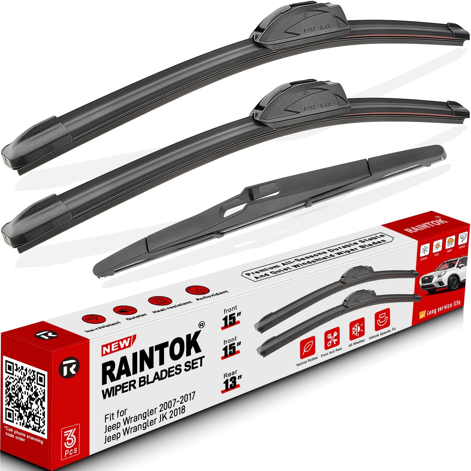 Windshield Wiper Blades Replacement for 2007-2017 Jeep Wrangler 2008-2018 Wrangler JK Original Factory Quality Front Rear Wipers Blade Set for My Car - 15" 15" 13" (Pack of 3)