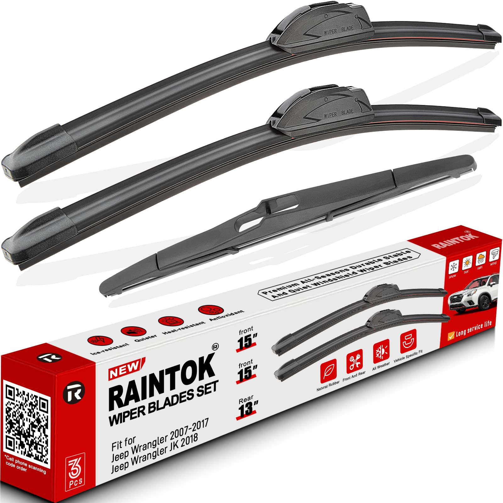 RAINTOK Windshield Wiper Blades Replacement for 2007-2017 Jeep Wrangler 2008-2018 Wrangler JK Original Factory Quality Front Rear Wipers Blade Set for My Car - 15" 15" 13" (Pack of 3)