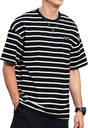 Mens Casual Striped Short Sleeved T-Shirt Stretch Crewneck Shirt