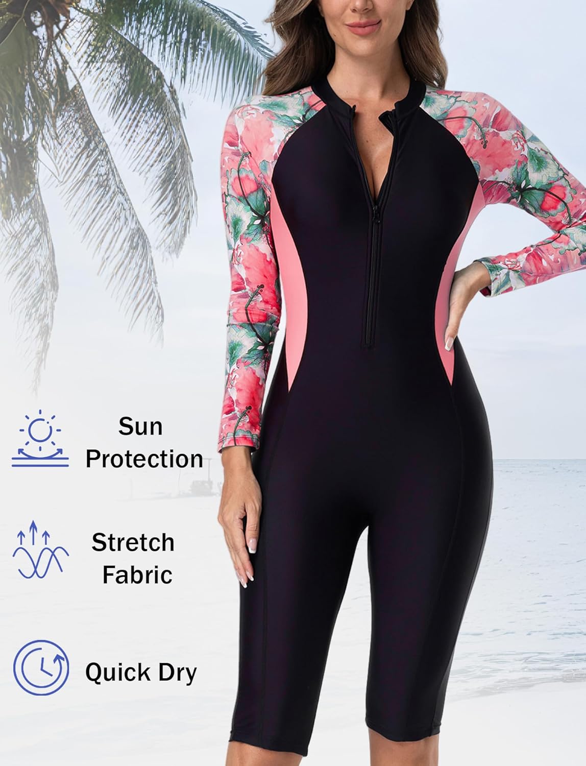 FEOYA Women Zip Front Rash Guard Colorblock Patchwork Swimsuit One Piece Monokini Boyleg Swimwear - Image 3