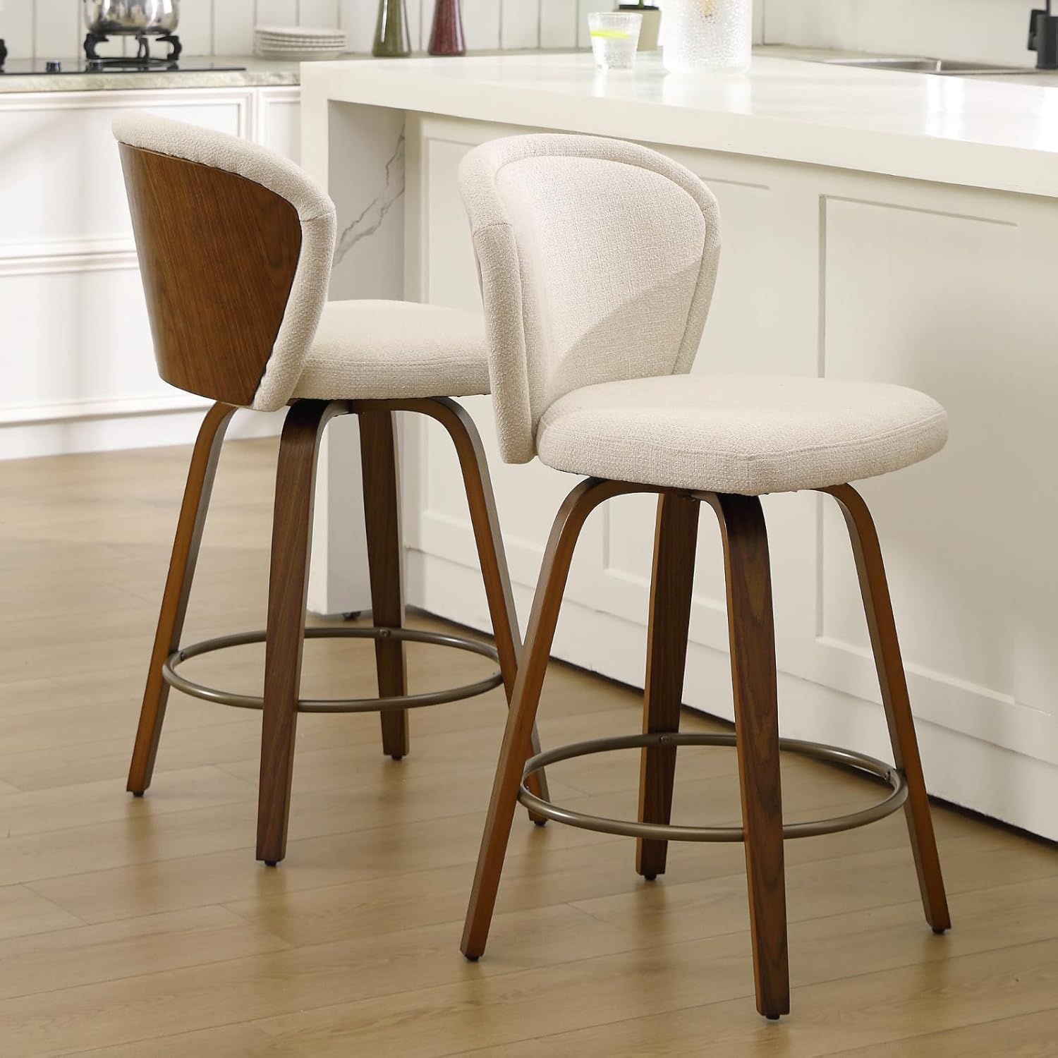 HNY Swivel Counter Height Bar Stools Set of 4, 26 Inch Barstools with Walnut Wooden Leg and Back, Modern Linen Upholstered Counter Stools for Kitchen Island, Beige