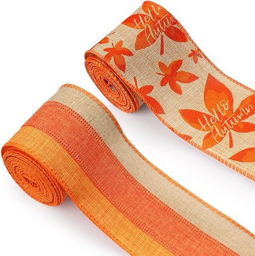 Miniatura 6 de 2 rollos de cinta de tela de otoño de arpillera de Acción de Gracias, hojas de arce de otoño, tiras naranjas y marrones, cintas decorativas con