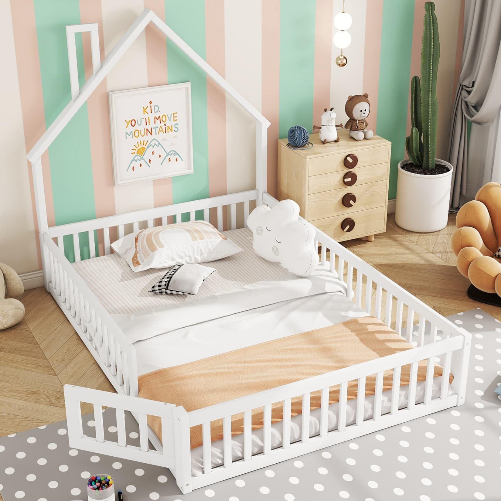 Lit Au Sol Enfant,Lit Cabane Enfant 140x200 avec Sommier à Lattes Solide,Porte,Barrière de lit,pour Enfants,Pin (Blanc, 140x200)