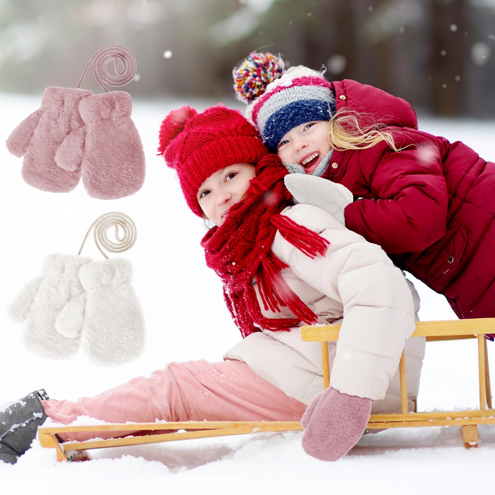 Manoplas Cálidas para Niños, 2 Pares Guantes Invierno con Forro Polar, Manopla de Nieve de Invierno con Cuerda Cuello, Mitones Cálidos de Invierno para Niños 3-7 años, 18 * 9cm