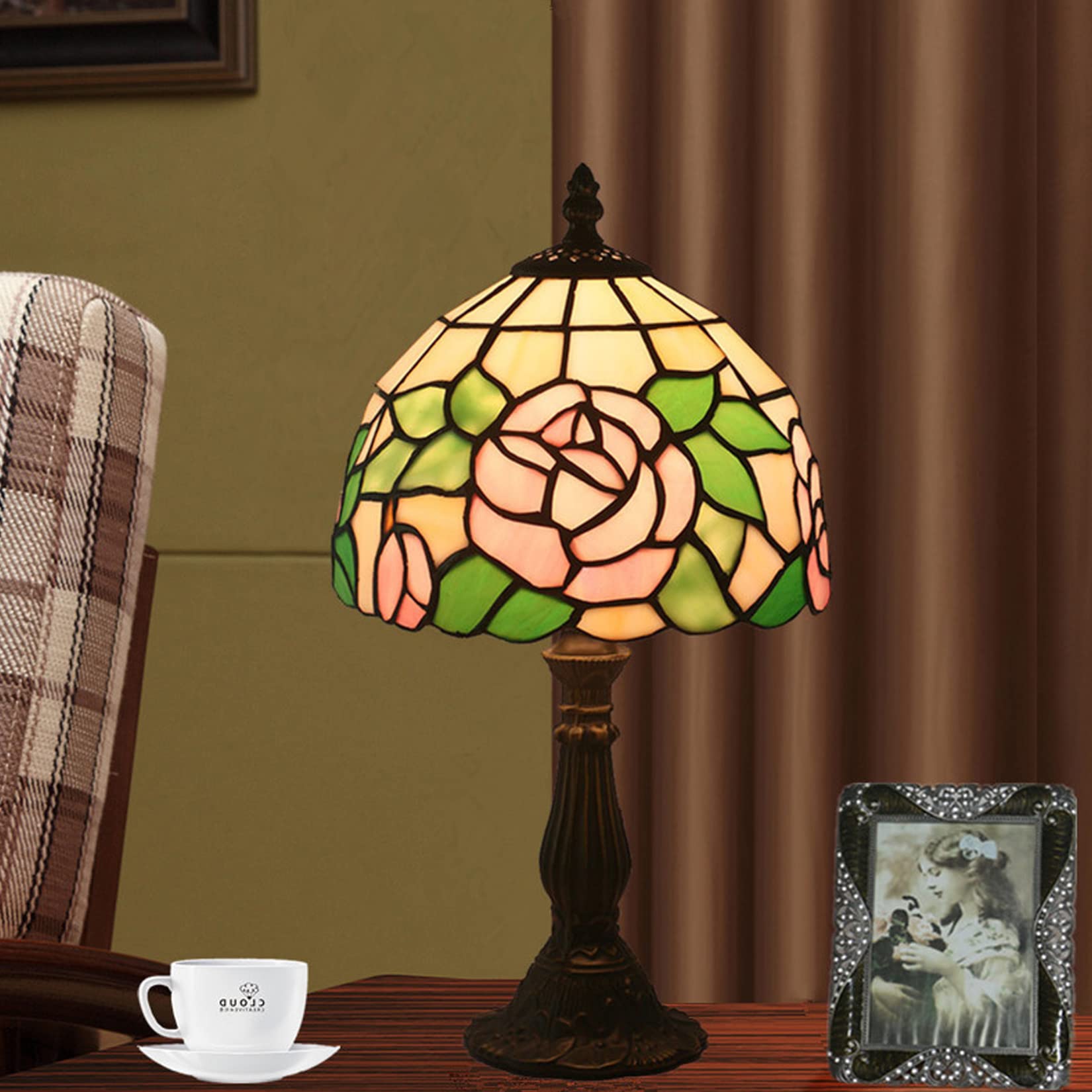 Lampa róża na stół, stolik nocny, motyw kwiatowy, witraż, akcent na biurko, lampka nocna dla dziewczyny, ukochanej, sypialni, prezent urodzinowy, 8 x 15 cali, D niespodzianka (g)