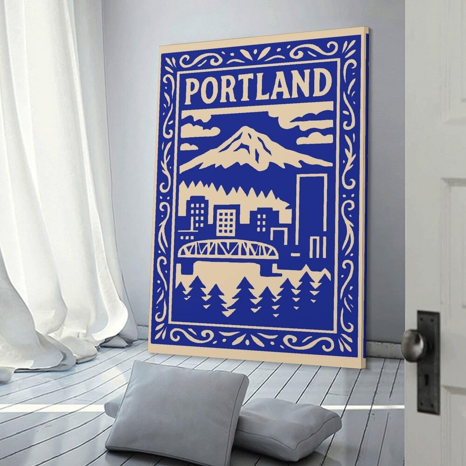 Junmoney Room Decor Wall Art Portland Cityscape with Mountain, 24x36inch(60x90cm), for Wall Displays, Bedrooms Or Room Updates, A Versatile Canvas Print for Layering