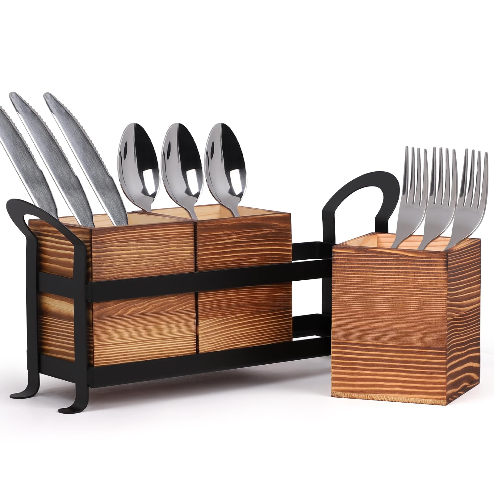 lalago 3-tlg. Besteckkasten Holz Metall, Besteckhalter Holz für Tisch, Holzbesteck Metallgestell, Besteckkorb Löffelhalter, Besteck Tisch Organizer, Besteckständer Esstischdeko für Küchentisch Braun