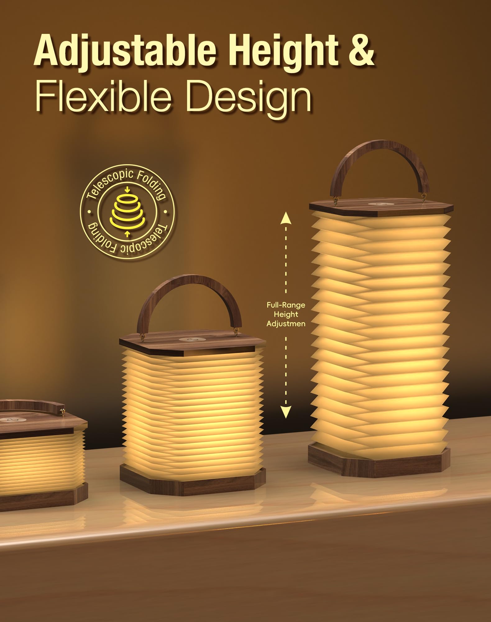 ZBOLE Vertical Accordion Lamp with Handle, Warm Light, Adjustable Height & Brightness, USB Charging - Image 2