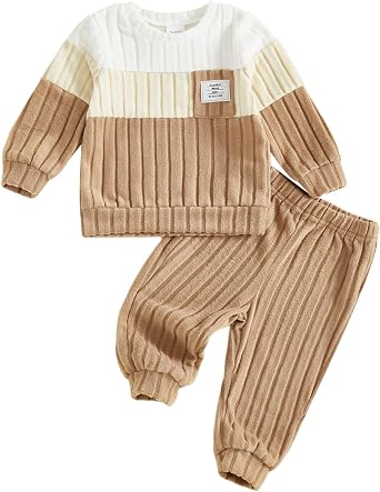 Pivanzore Baby Boy Clothes Fall Winter Outfits Waffle Knit Contrast Color Sweatshirt Top Casual Pants Set Toddler 2Pcs Outfit