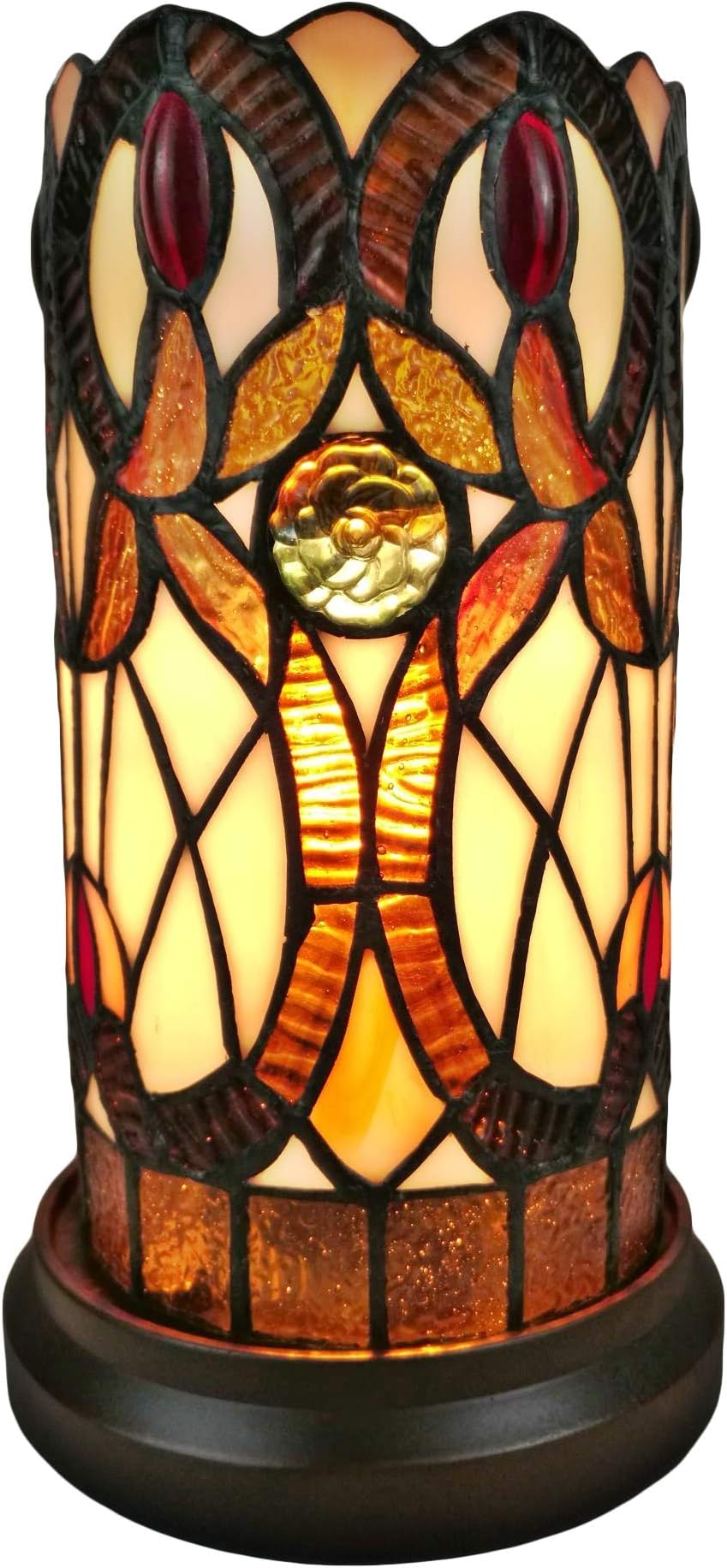 Tiffany Style Table Lamp Banker Brown Yellow Floral Stained Glass Bedside Vintage Antique Night Stand 10.5" Tall 5" Wide Handmade Gift AM337TL05 Amora Lighting
