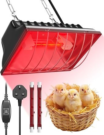 Poultry Heat Lamp with High/Low SwitchMax.275W, Adjustable Hanging Chain & 3M Cord, Includes 2*R7s Infrared Heat Bulbs, Chicken Coop Heater for Chicks, Puppies, Ducklings, Piglets, Rabbits