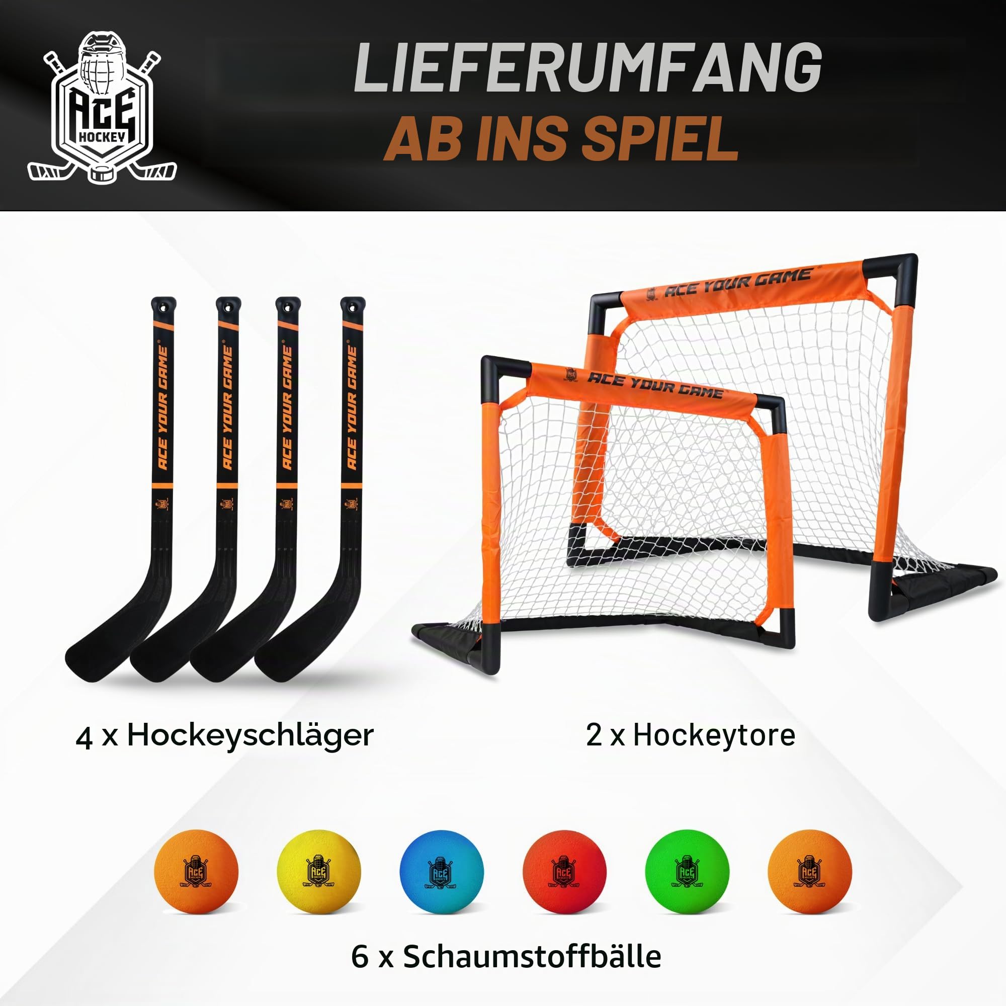 ACE Hockey - Shinny Hockey-Set – Komplettes Set für 4 Spieler drinnen und draußen – Kniehockey-Tor-Set (2) Tore, (2) Mini-Schläger und (6) Schaumstoffbälle – Mini-Hockey-Set