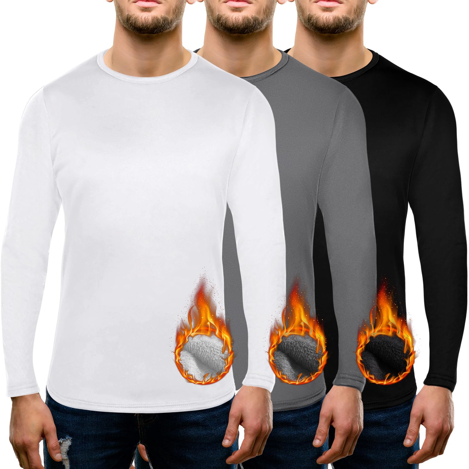 patelai 3 Pack Thermal Underwear for Men Top Crew Neck Long Sleeve Shirt Fleece Lined Base Layer for Cold Weather-picture-25