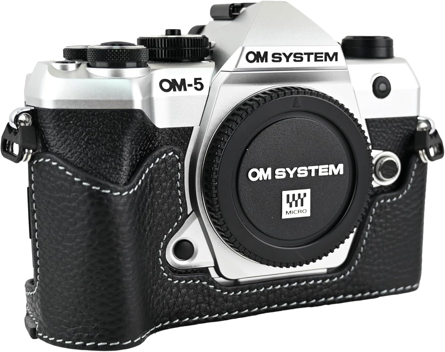 OM-5 Mark II Case, Litchi Handmade Genuine Real Leather Half Camera Case Bag Cover for Olympus System OM-5 Mark II Bottom Opening Version + Neck Strap (Black)