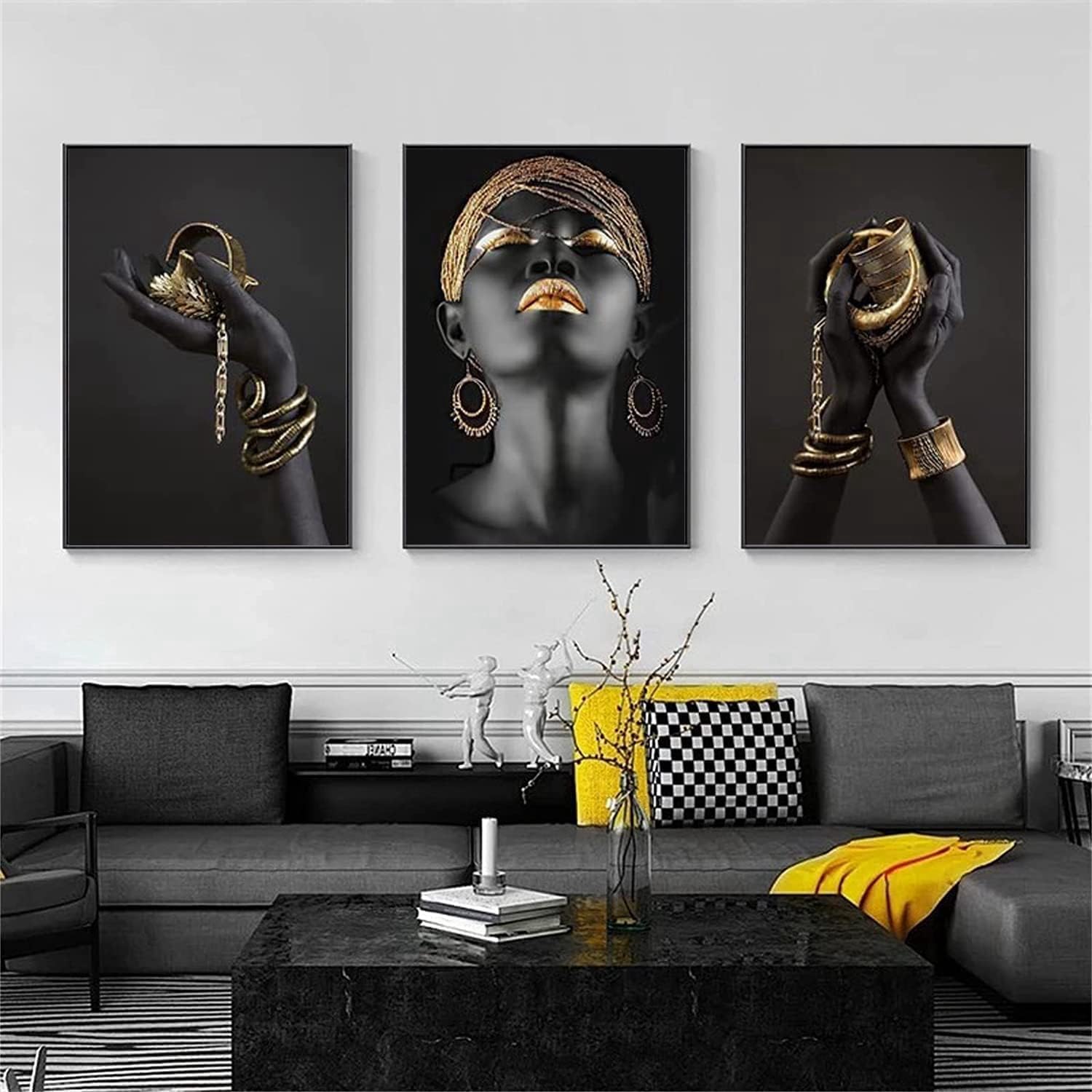 LPFNSF Modern Art Decoration Poster, Gold and Black African Women's Decoration Poster, Living Room, Bedroom