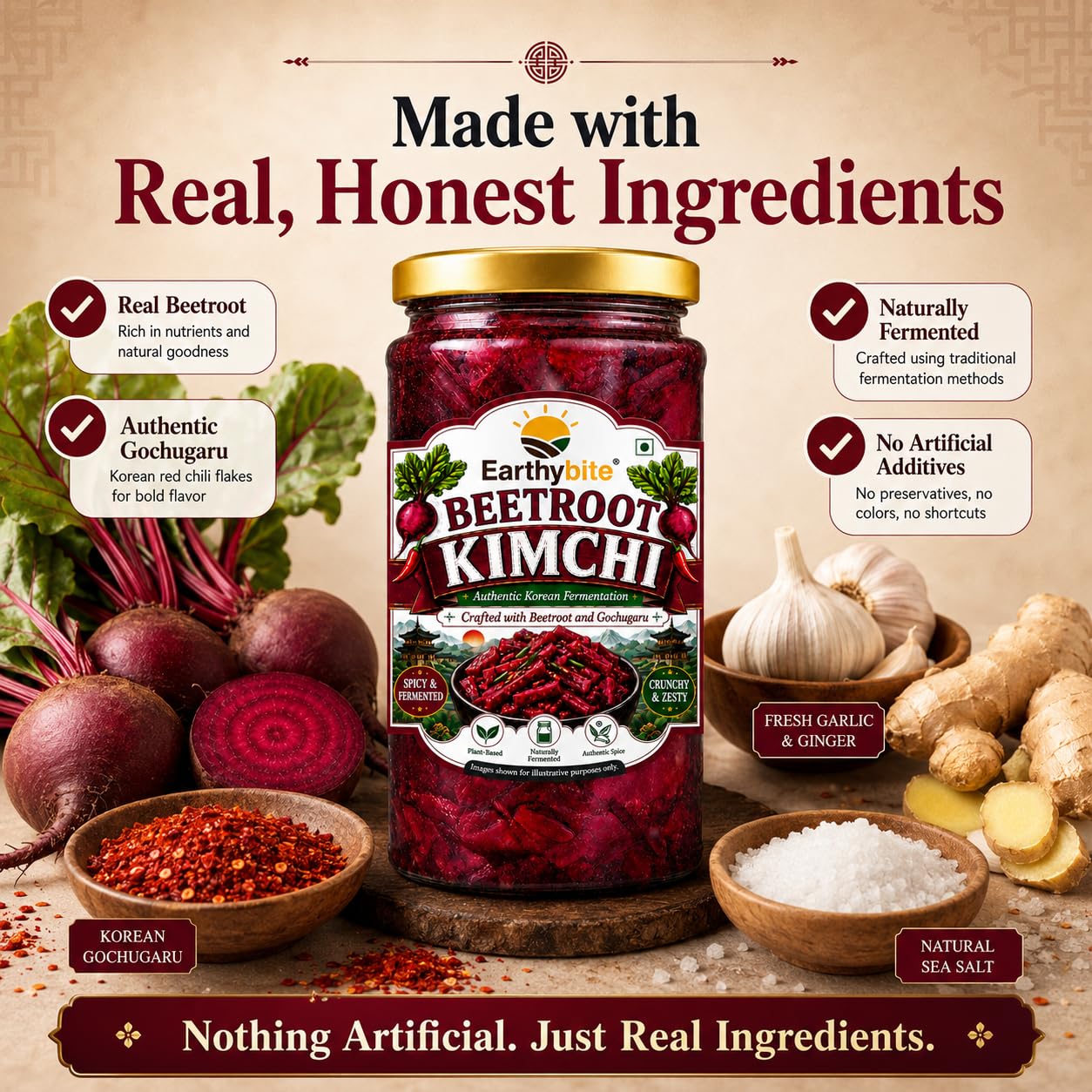 Earthy Bite Beetroot Kimchi 250g | Korean Style Fermented Kimchi | Made with Beetroot & Gochugaru | Probiotic Rich | Plant Based | No Preservatives | Ready to Eat 2