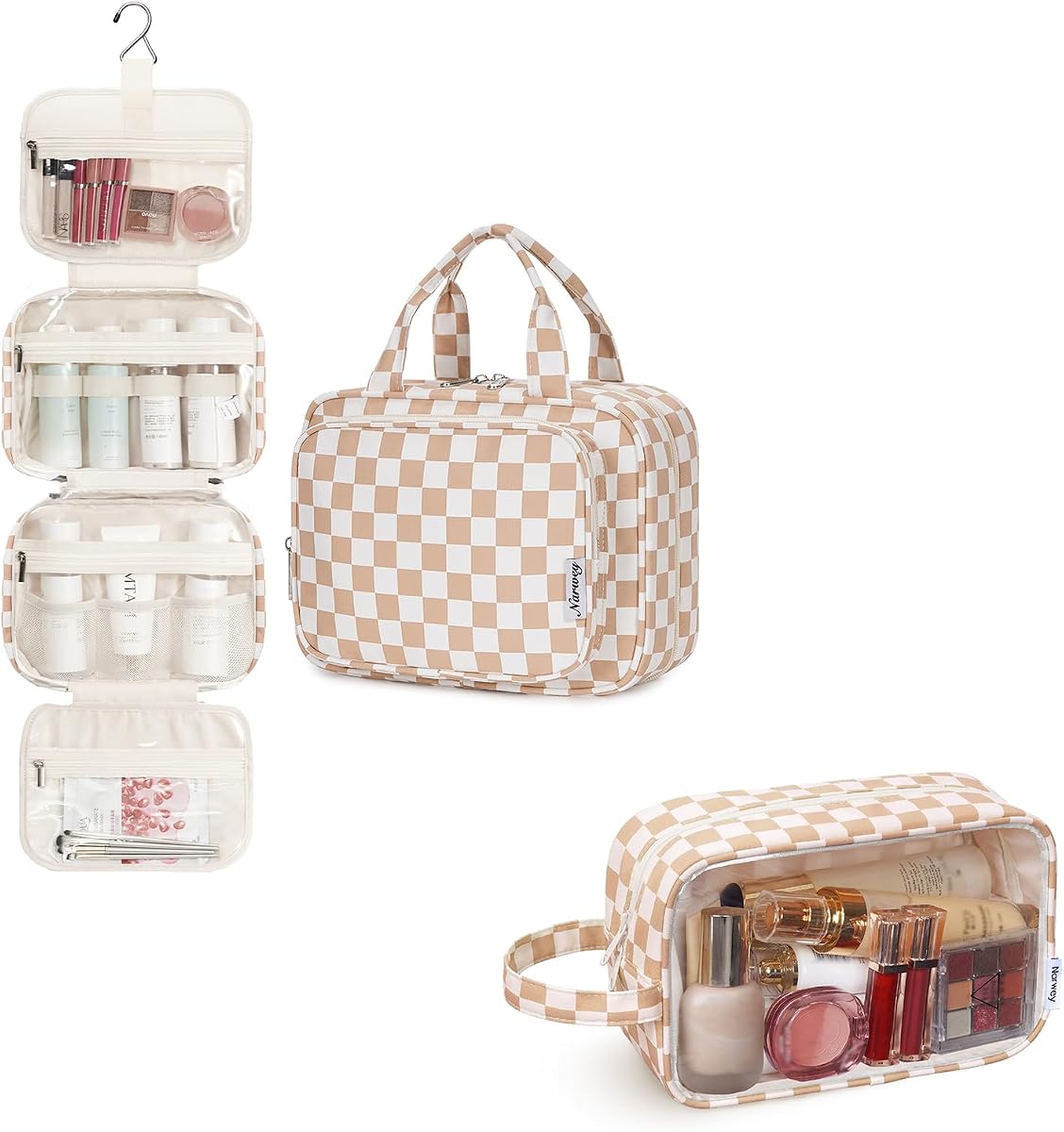 Narwey Neceser colgante a cuadros con bolsa de maquillaje transparente