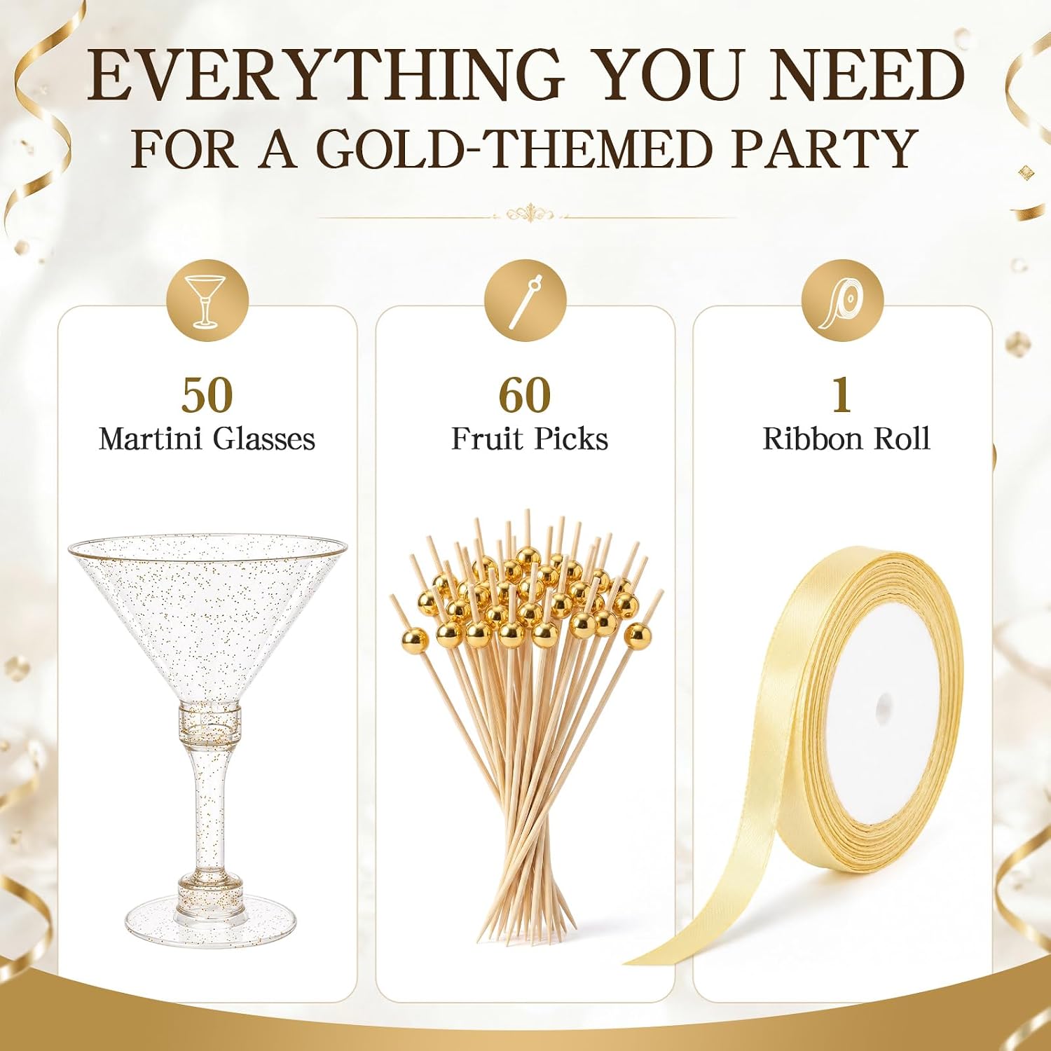 Patelai 50 Pack Gold Plastic Martini Glasses 5 oz Disposable Cocktail Glasses with 60 Pcs Cocktail Picks and Ribbon Roll Tall Stem Mini Martini Cups for Wedding Bridal Shower Party Supplies Decoration